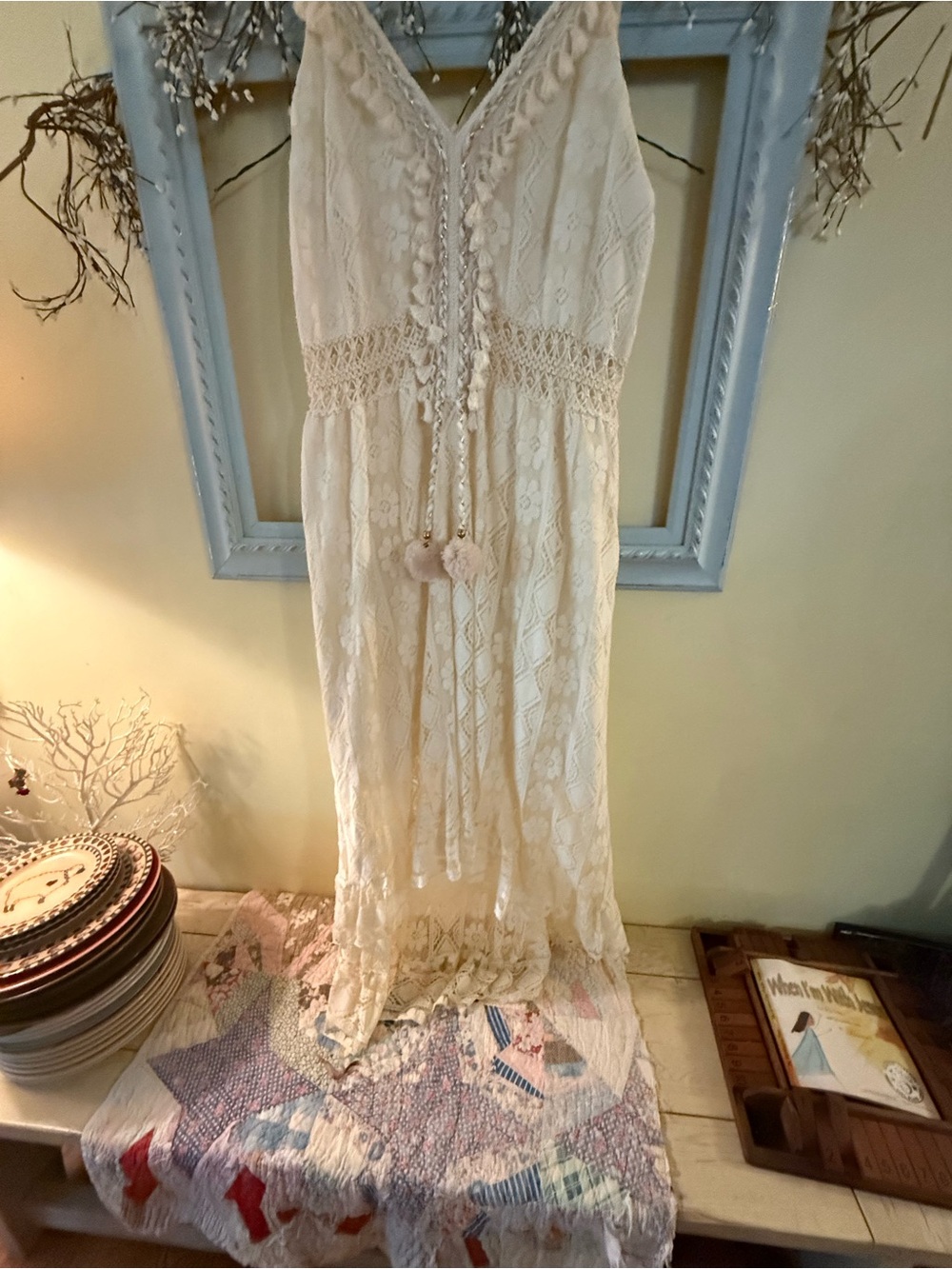 Boho Fashion Trendy Candlelight Beige Lace Midi Dress with Pom Tassels New
